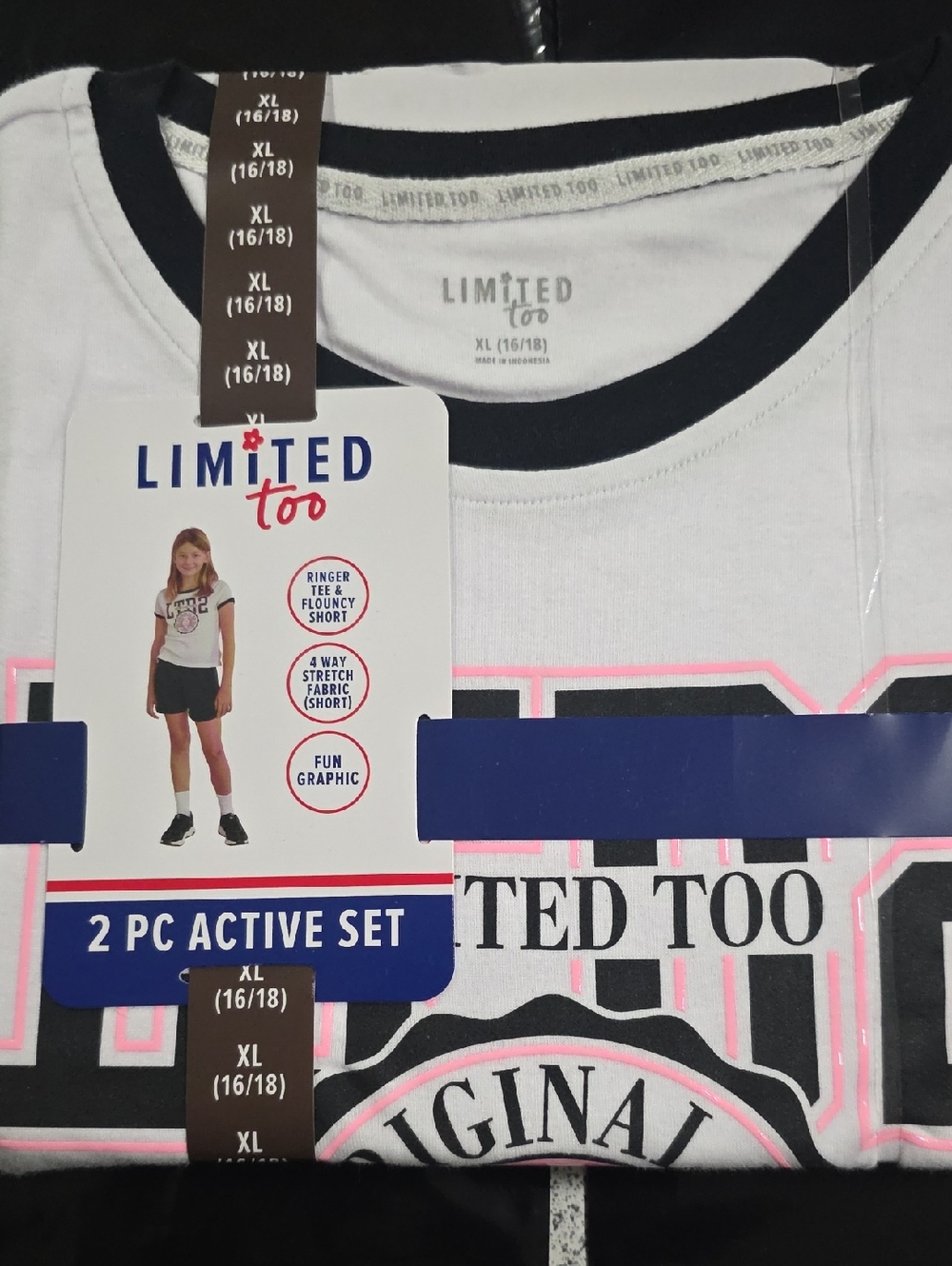 Limited Too White Tee & Shorts with Black Trim and Pink Accent Graphic